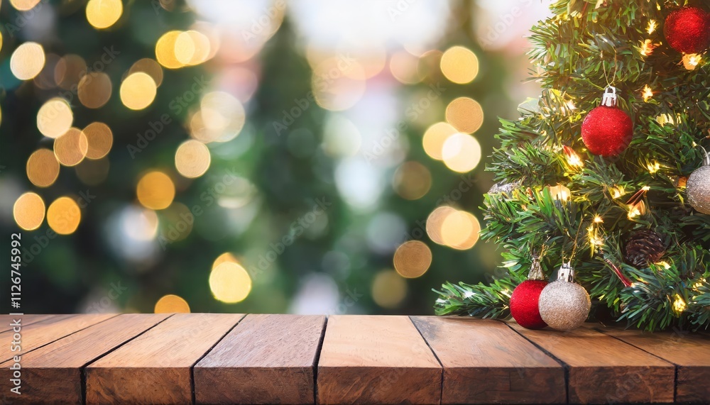 Empty Wooden Table with Christmas Tree in Soft Bokeh Background A Cozy Holiday Scene Capturing the Essence of Christmas Spirit and Festive Decor Empty Wooden Table with Christmas Tree in Soft Bokeh Background A Cozy Holiday Scene Capturing the Essence of Christmas Spirit and Festive Decor
