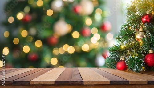 Empty Wooden Table with Christmas Tree in Bokeh Background A Festive Scene Capturing the Spirit of the Holidays and the Warmth of Family Gatherings in a Cozy Atmosphere