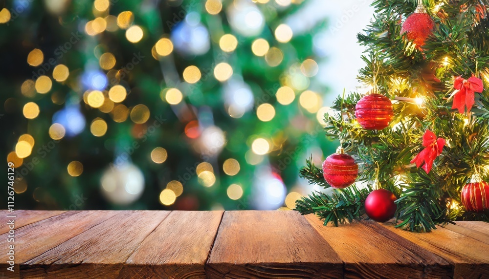 A Serene Empty Wooden Table with a Festive Christmas Tree in the Background, Enhanced by Beautiful Bokeh Lights, Perfect for Holiday Decor Inspiration and Seasonal Celebrations A Serene Empty Wooden Table with a Festive Christmas Tree in the Background, Enhanced by Beautiful Bokeh Lights, Perfect for Holiday Decor Inspiration and Seasonal Celebrations