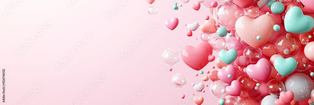 Colorful hearts and bubbles create whimsical, joyful atmosphere against soft pink background, perfect for expressing love and affection