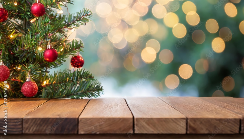 A Serene Empty Wooden Table with a Beautifully Decorated Christmas Tree in the Background, Enhanced by a Magical Bokeh Effect for a Festive Atmosphere A Serene Empty Wooden Table with a Beautifully Decorated Christmas Tree in the Background, Enhanced by a Magical Bokeh Effect for a Festive Atmosphere