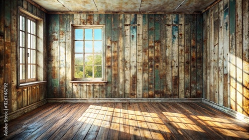 Rustic Room Interior with Weathered Wood Walls and Sunlight Streaming Through Windows