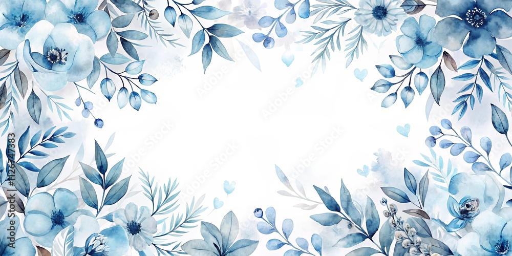 Fototapeta premium Serene Watercolor Floral Frame Elegant Blue Flowers and Foliage Border for Invitations, Cards, and Designs