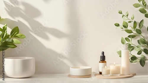 Serene Spa Scene with Candles and Essential Oils for Relaxation and Wellness