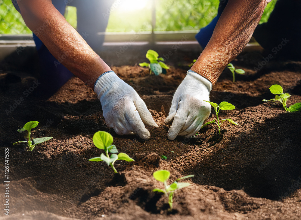 Naklejka premium Close-up view of hands gently planting seedlings into rich dark soil. Sunlight illuminates the scene, highlighting the careful process of gardening.