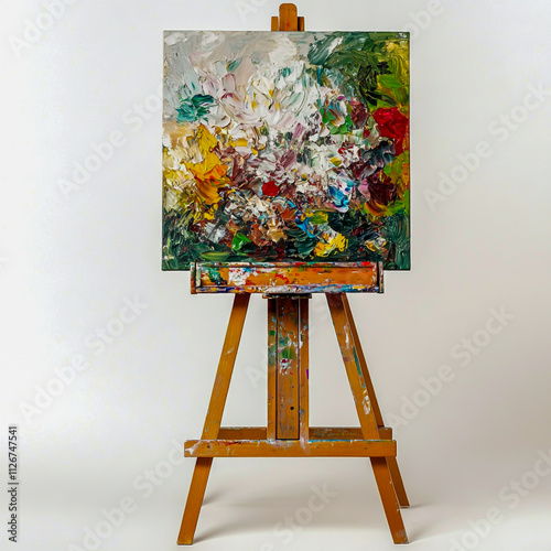 A painting on a wooden easel on white background.