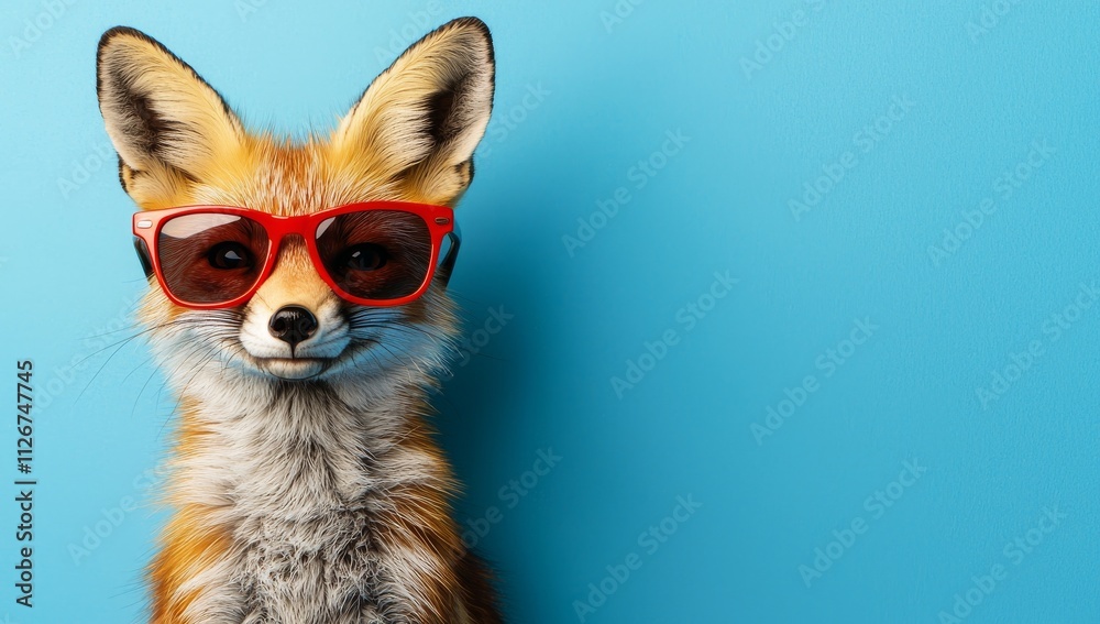 A trendy fox face wearing sunglasses, with blank space for text, against a soft blue studio backdrop. Stock photo. A trendy fox face wearing sunglasses, with blank space for text, against a soft blue studio backdrop. Stock photo.