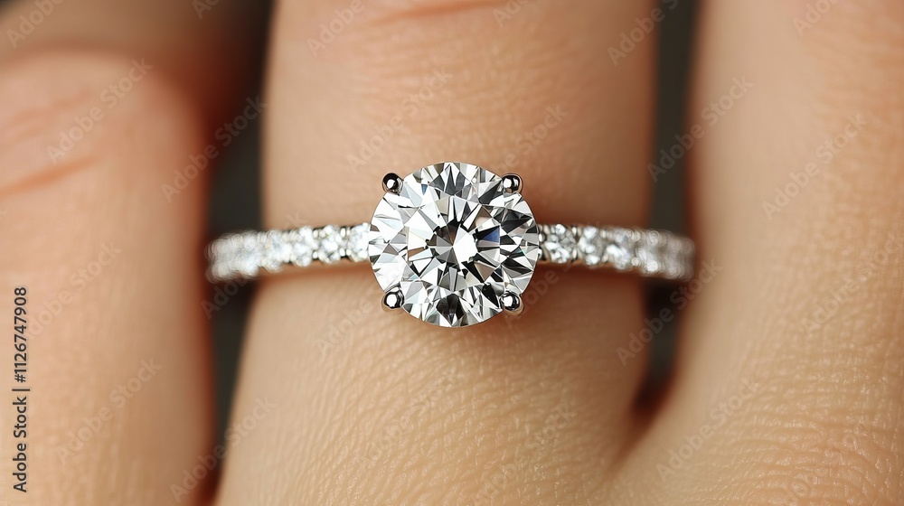 Sparkling Close-Up of a Beautiful Engagement Ring on a Hand with Elegant Details Sparkling Close-Up of a Beautiful Engagement Ring on a Hand with Elegant Details