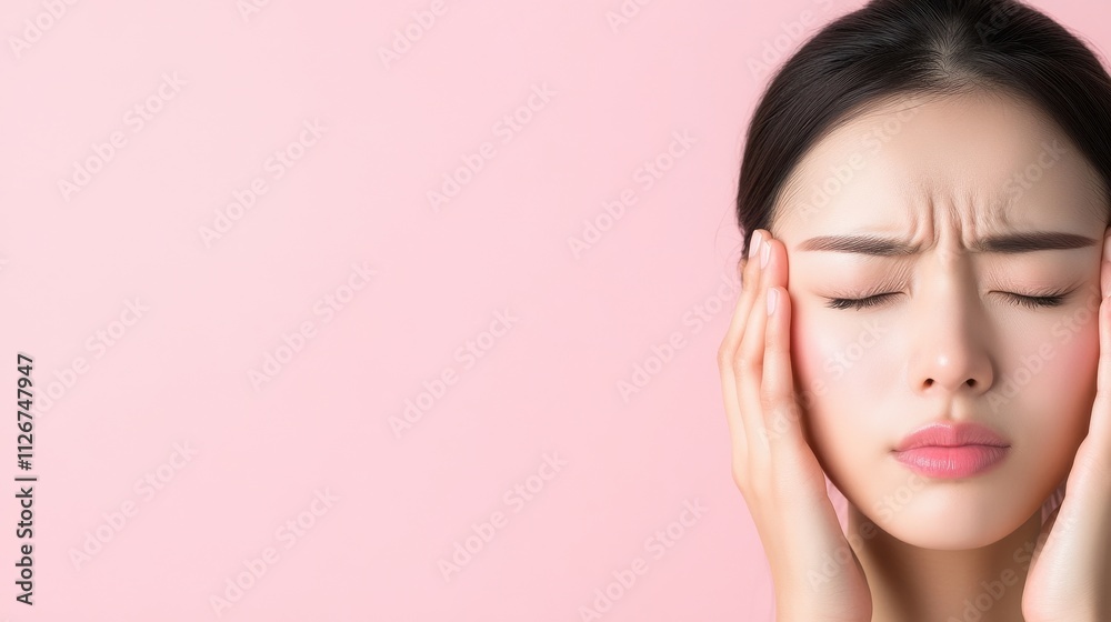Frustrated Asian Woman Rubbing Temples with Expressive Emotion Frustrated Asian Woman Rubbing Temples with Expressive Emotion