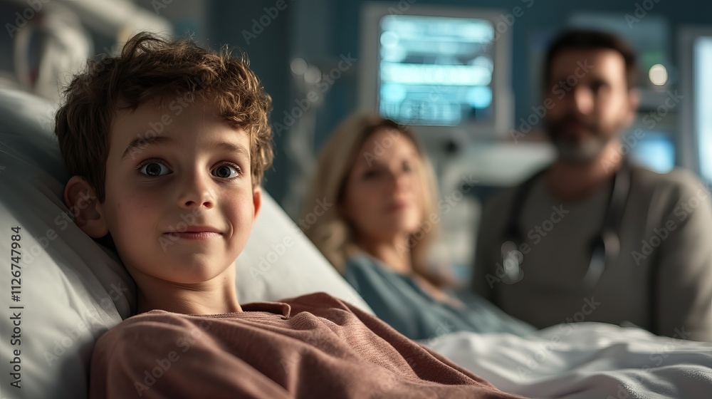 Child in Hospital Bed Receiving Immediate Care for Injury with Concerned Parents Nearby