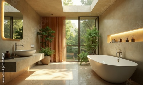 A sun-drenched sustainable bathroom featuring a rainwater harvesting system and eco-friendly plumbing fixtures, with natural stone tiles and a large skylight. 