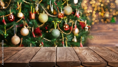 Empty Wooden Table with Christmas Theme in Background A Serene Holiday Setting Perfect for Festive Gatherings and Celebrations, Inviting Warmth and Joy to Your Seasonal Decor and Events