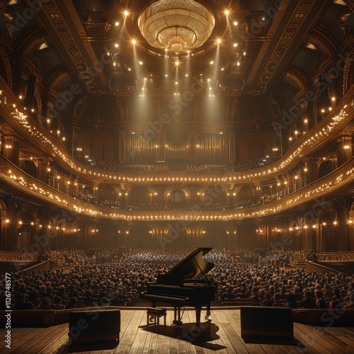 Elegant Grand Piano on Stage in Opulent Concert Hall with Ornate Architecture and Spectacular Chandelier Overlooking Audience Seatingconcert hall