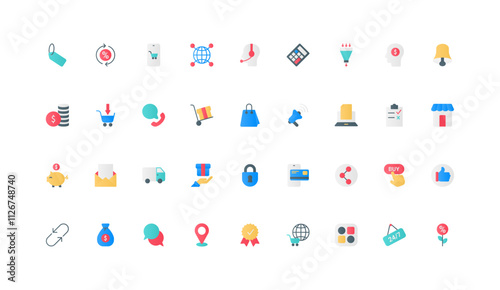 Ecommerce, marketing campaign for online store sales icon set. Buy button, shopping cart on mobile phone screen, operator support service, gift and order delivery flat elements vector illustration