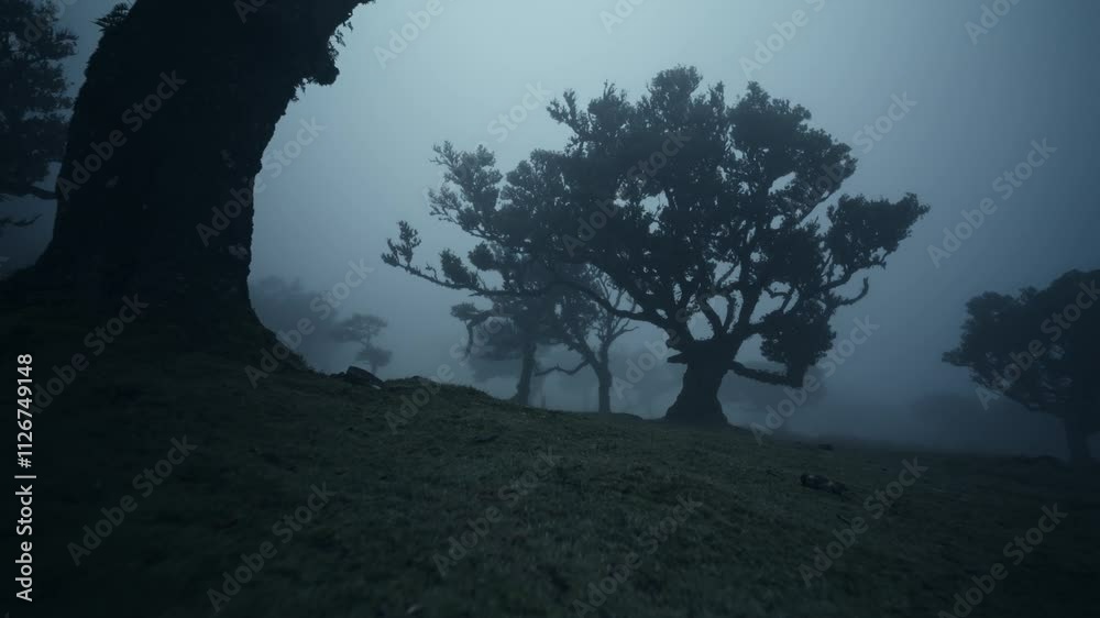 Dark and misty Fanal forest with old, enchanted, twisting, mythical Laurel trees in Madeira, Portugal