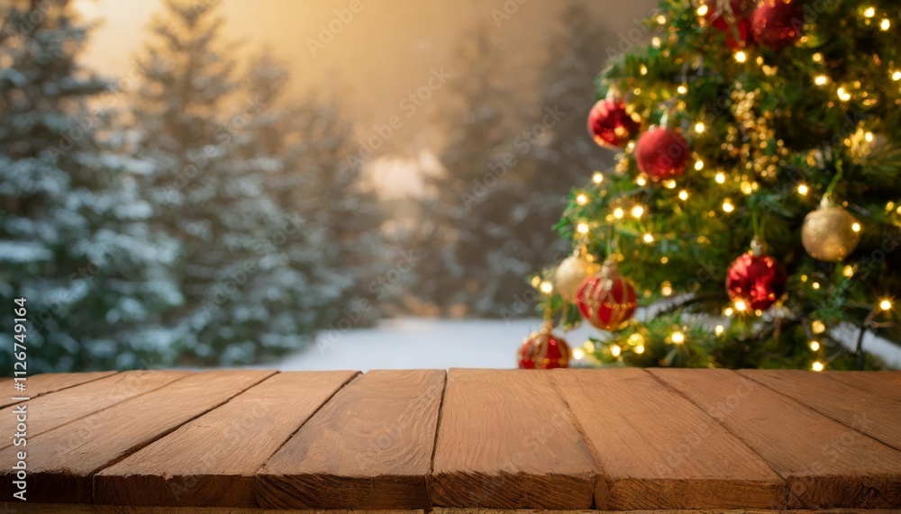 A beautifully arranged empty wooden table set against a festive Christmas theme background, perfect for holiday gatherings, seasonal celebrations, and creating cherished memories with loved ones. A beautifully arranged empty wooden table set against a festive Christmas theme background, perfect for holiday gatherings, seasonal celebrations, and creating cherished memories with loved ones.