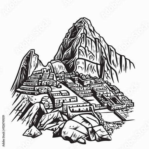Machu Picchu Vector Images. Illustration Hand Drawn Machu Picchu image Vector on white background.