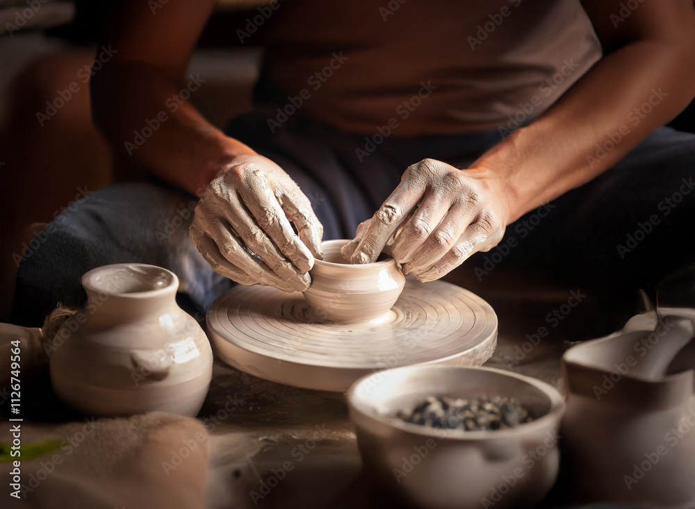 Close-up of hands shaping clay on a pottery wheel, creating a small bowl. Other ceramic pieces and clay are nearby, showing the process of pottery making. Close-up of hands shaping clay on a pottery wheel, creating a small bowl. Other ceramic pieces and clay are nearby, showing the process of pottery making.