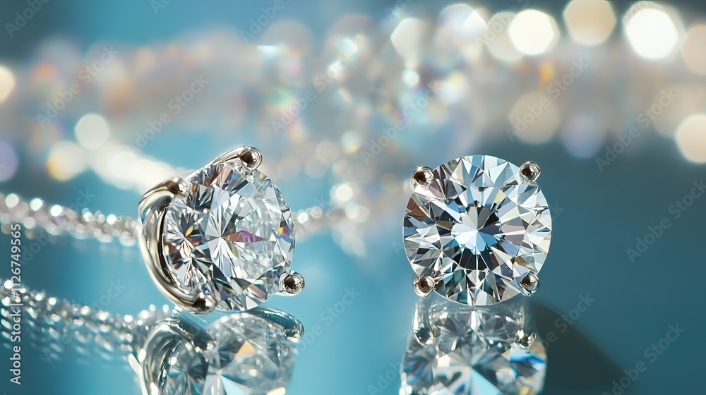 Elegant Diamond Earrings and Necklace Set on a Sparkling Background with Bokeh Effect Elegant Diamond Earrings and Necklace Set on a Sparkling Background with Bokeh Effect