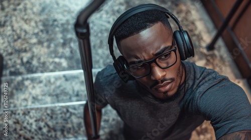 Young man with headphones on stairs, looking up.