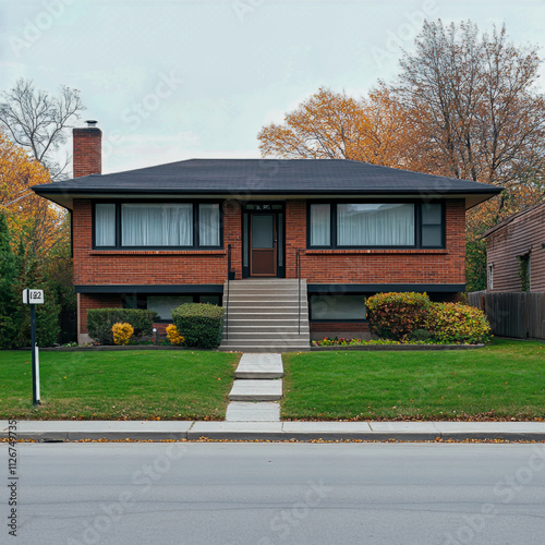 Split-Level House front view full length isolate on white background.