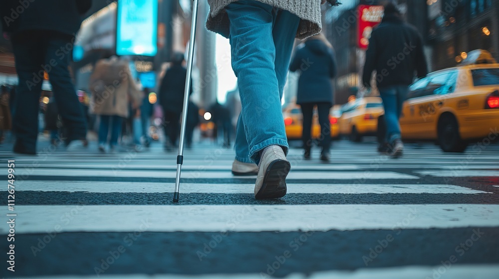 Assisting an Elderly Person with Walking Stick in Busy Urban Street Scene Assisting an Elderly Person with Walking Stick in Busy Urban Street Scene