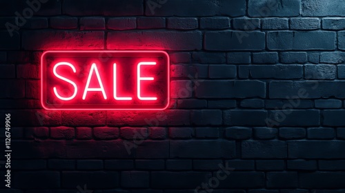 Neon Sign Advertising Sale on Black Brick Wall, Highlighting Patterns and Vibrancy in Urban Decor