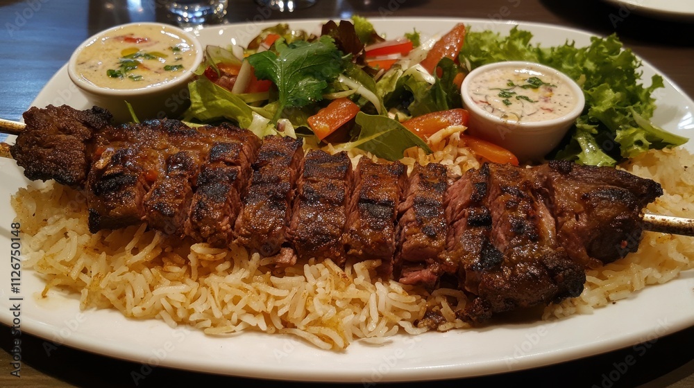 A large serving of Madhbi, grilled lamb over fragrant spiced rice, served with side salads 