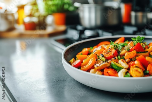 A vibrant bowl of fresh vegetables, beautifully arranged and ready for a delicious meal, showcasing healthy eating in a modern kitchen.