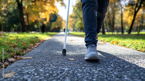 Guiding Person with White Cane Walking Along Pathway in Autumn Park Setting