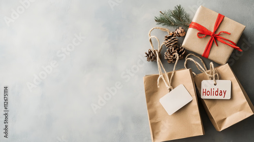 Upscale Flat Lay of Wrapped Holiday Gifts and Shopping Bags on Soft Gray Background photo