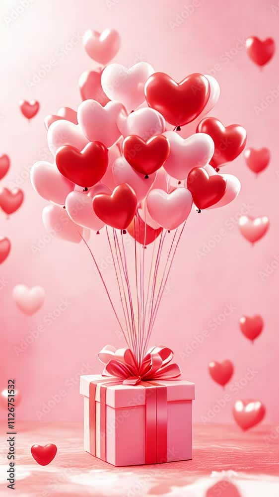 Heart shaped balloons lift gift box on pastel pink background in soft lighting Heart shaped balloons lift gift box on pastel pink background in soft lighting
