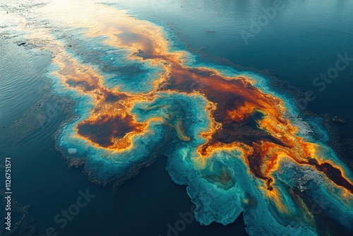 Polluted river reveals striking oil stains contrasting with clean water at dusk photo