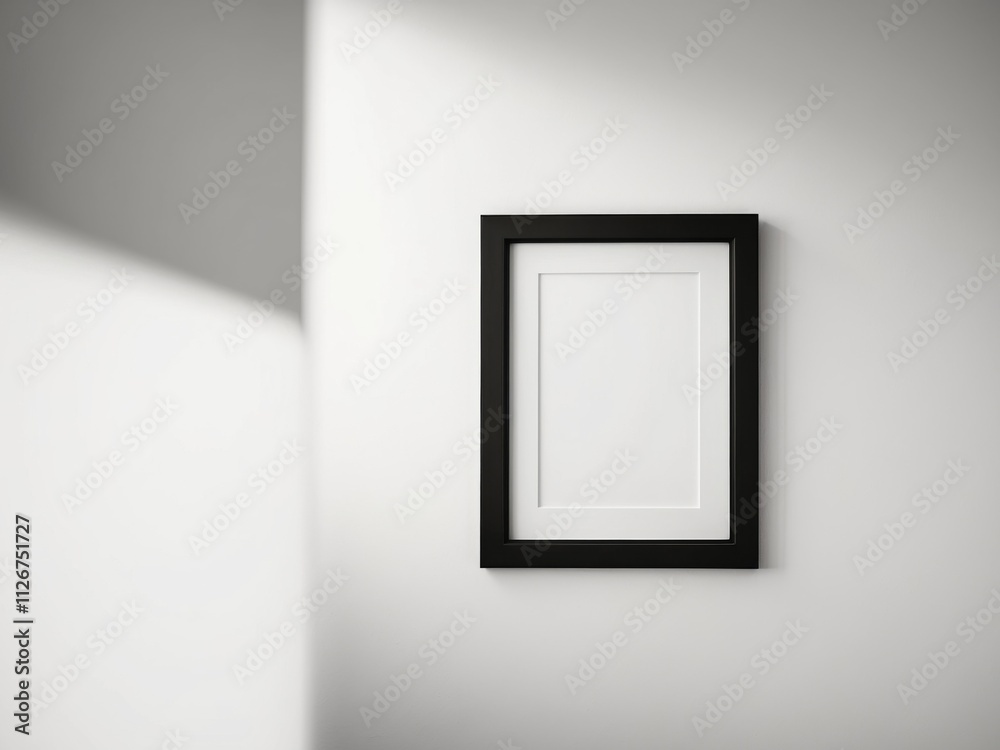 A white wall with a black frame and a white picture hanging on it. A white wall with a black frame and a white picture hanging on it.