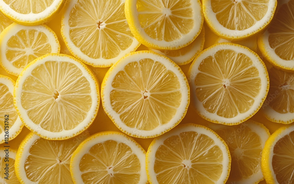 Close-up view of fresh sliced lemons arranged in a pattern. Close-up view of fresh sliced lemons arranged in a pattern.
