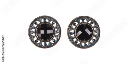 round earrings with black stone isolated on white background