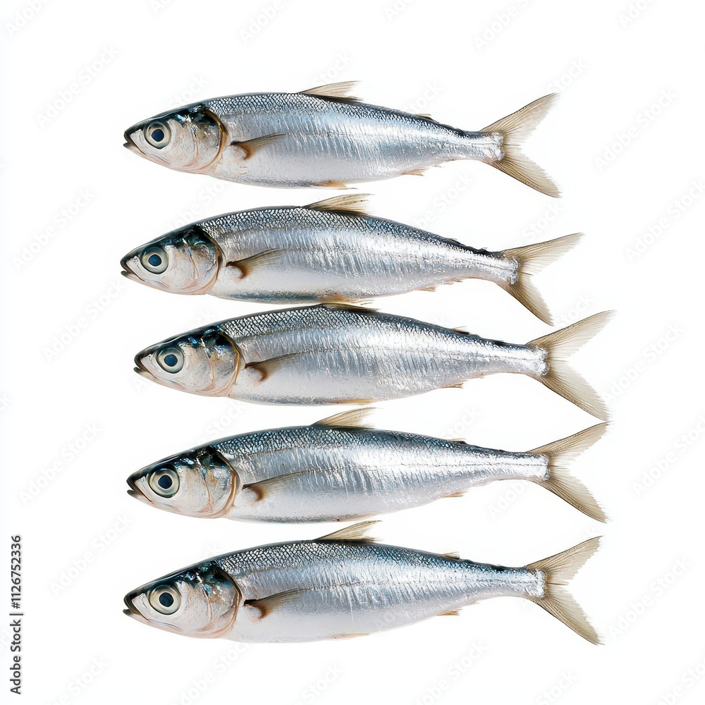 Fresh Silver Fish Lined Up on White Background Ideal for Culinary and Seafood Themes Fresh Silver Fish Lined Up on White Background Ideal for Culinary and Seafood Themes