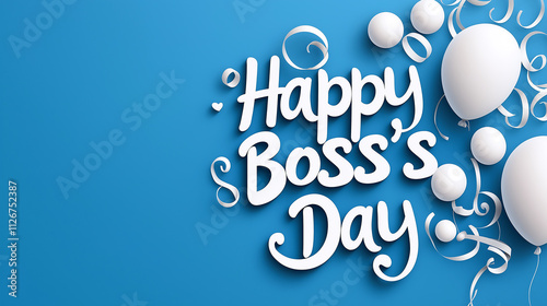 Happy Boss Day celebration with white balloons and decorative swirls on blue background. cheerful design perfect for expressing appreciation and gratitude