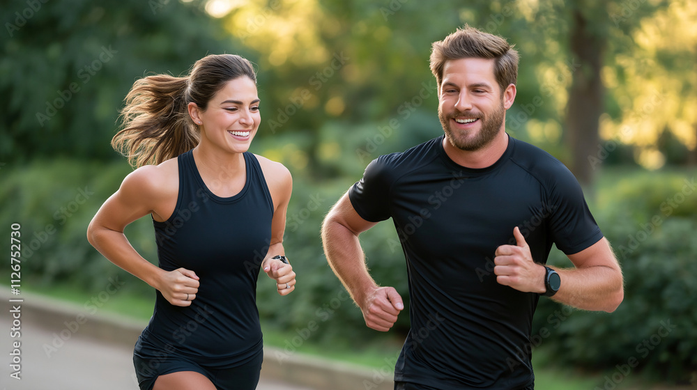 Happy couple running in park during sunset, enjoying their time together. Their smiles reflect joy and fitness, surrounded by nature beauty Happy couple running in park during sunset, enjoying their time together. Their smiles reflect joy and fitness, surrounded by nature beauty