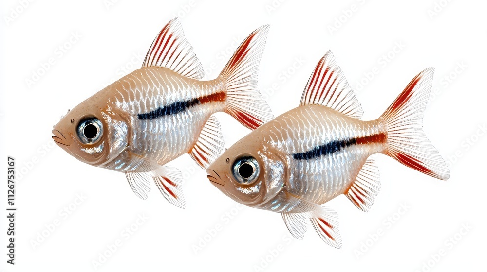 Obraz premium Two Fish Swimming Together with Detailed Features and Colors on a White Background