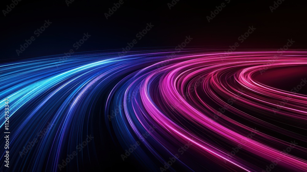 A vibrant, abstract image showcasing dynamic blue and pink light trails curving across a dark background.