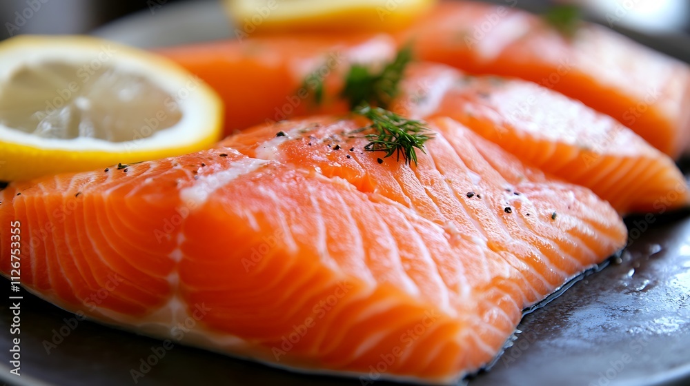 Fresh raw salmon fillets with lemon wedges and herbs, ready for cooking. Fresh raw salmon fillets with lemon wedges and herbs, ready for cooking.