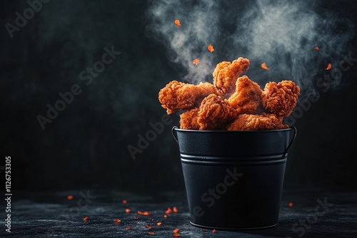 Mid-fall capture of crispy golden fried chicken with crunchy coating falling to perfection, perfect snack or meal photo