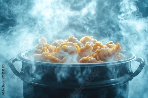 Fried chicken captured in mid-fall with crispy golden pieces falling perfectly with crunchy coating savory meal photo