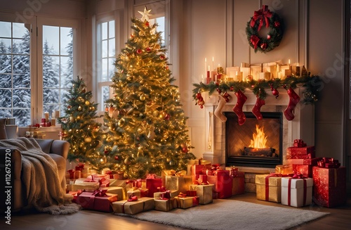 A cozy Christmas interior featuring a glowing, beautifully decorated Christmas tree with twinkling lights and ornaments