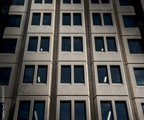 Shadows and light on a modern building facade. Front view, low angle.