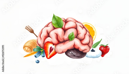 Different healthy products for brain on grey background isolated highlighted by white, png photo