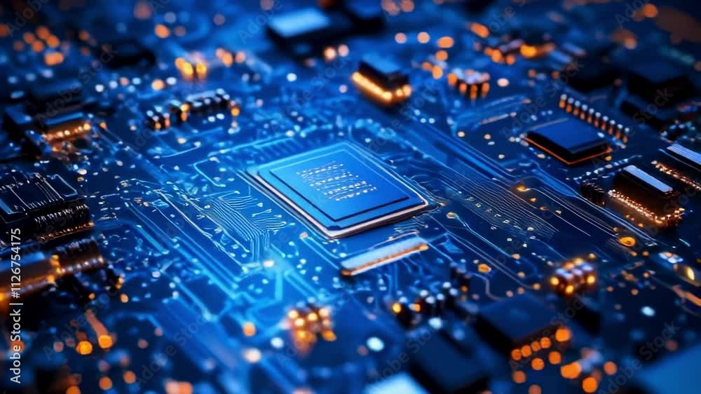 CPU Connection with Motherboard. Futuristic Colorful AI Accelerated Microchip Connecting with a PCB and Powering Entire System. Chip Activates Circuit Board. Semiconductor Surface Transforms to Black