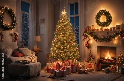 A cozy Christmas interior featuring a glowing, beautifully decorated Christmas tree with twinkling lights and ornaments
