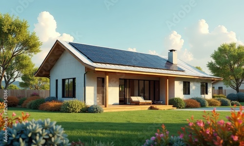 Exterior view of a house with solar panels integrated seamlessly into the roof. Eco friendly passive house with a photovoltaic system on the roof. Renewable energy concept. 